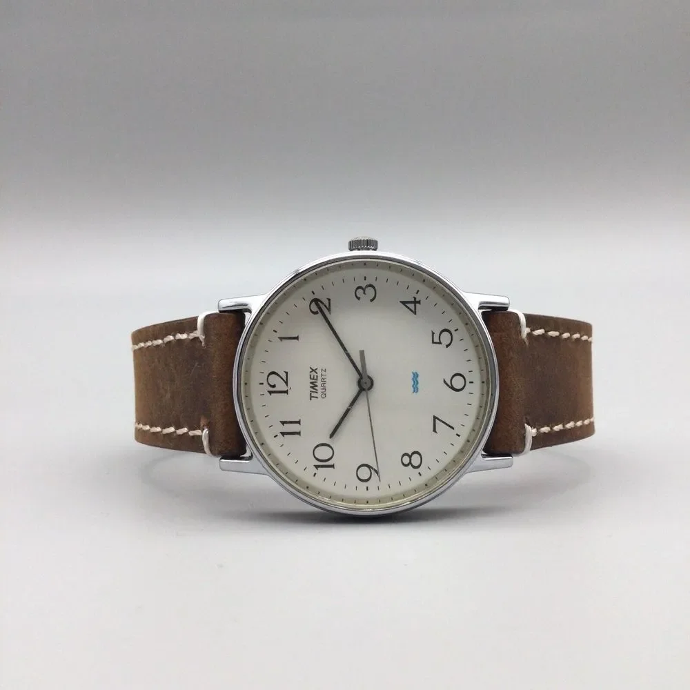 Vintage Timex Watch Men 33mm 1992 Silver Tone Brown Leather Band New Battery - Picture 5 of 15